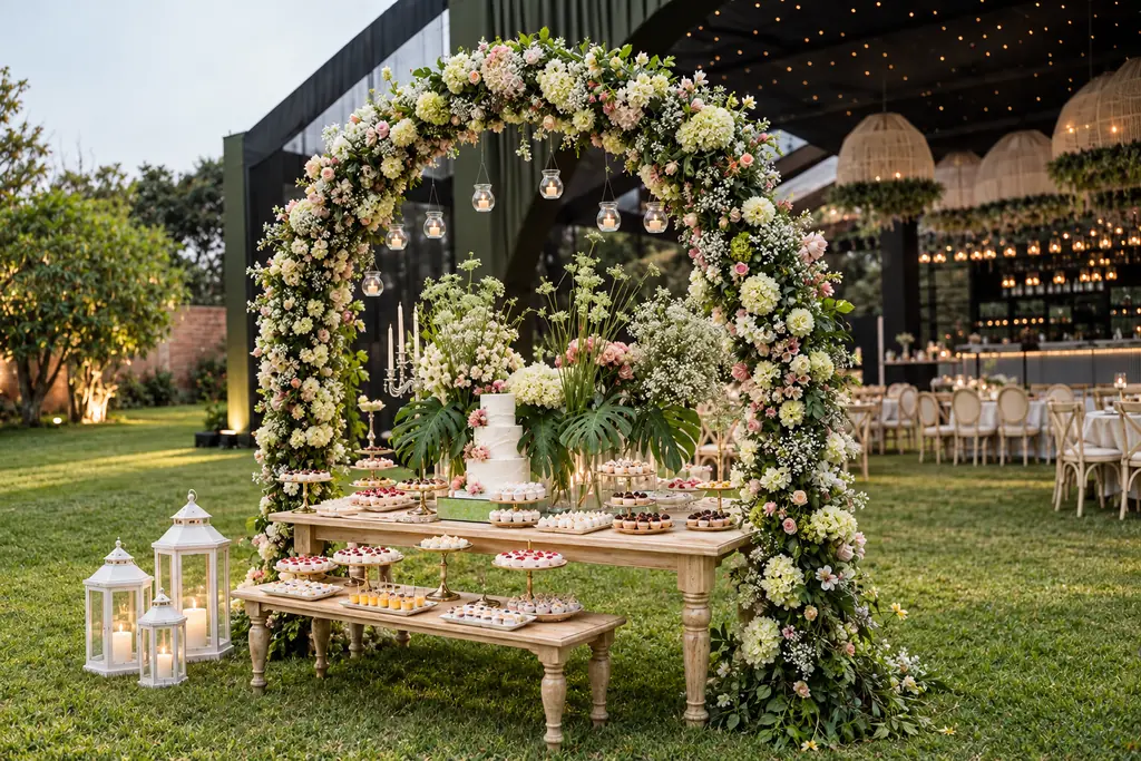 Mesa de postres con arco de flores