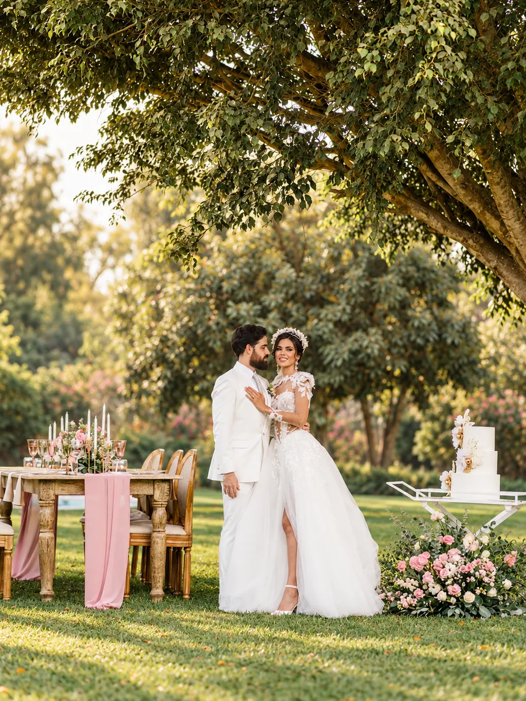 Novios junto a la mesa principal