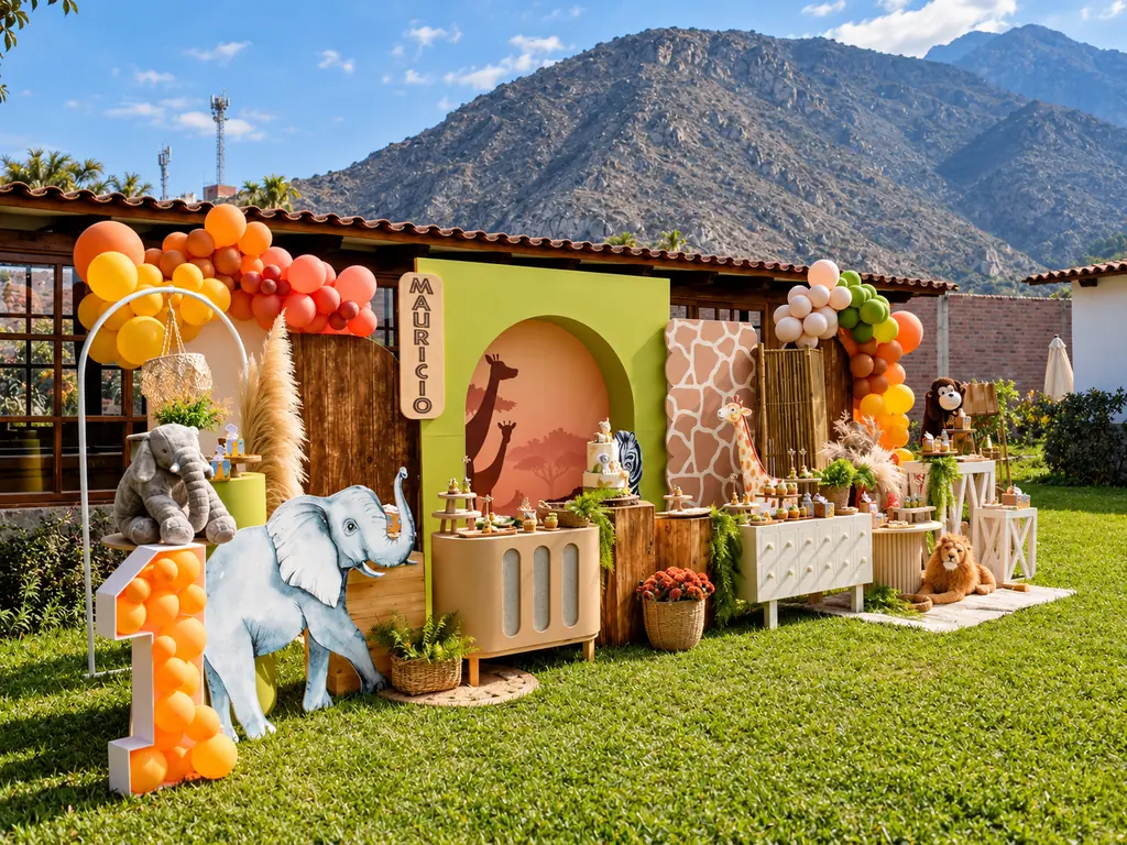 Decoración de cumpleaños infantil con vista a las montañas